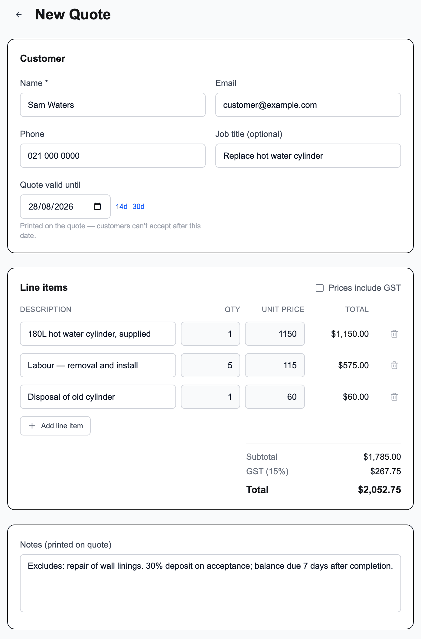 New Quote form in QuoteMate with customer details and line items filled in