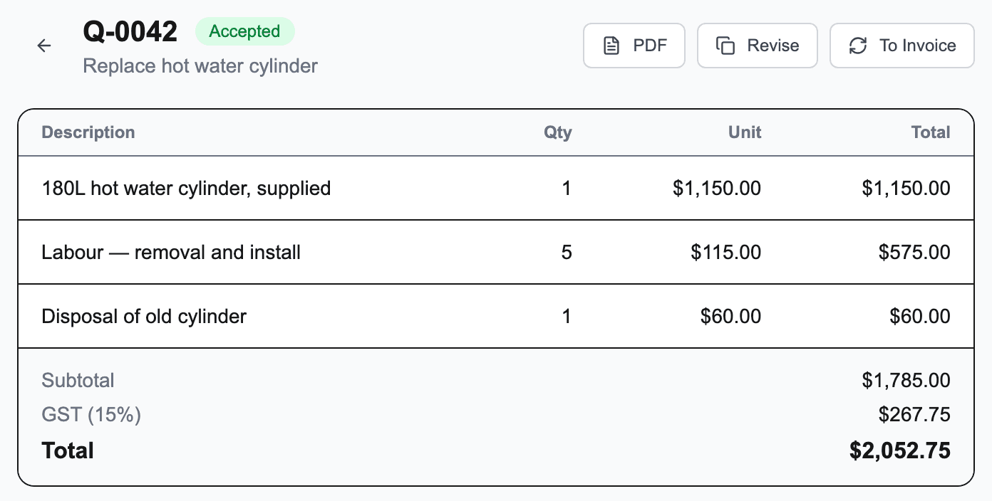 An accepted quote in QuoteMate with the To Invoice button ready